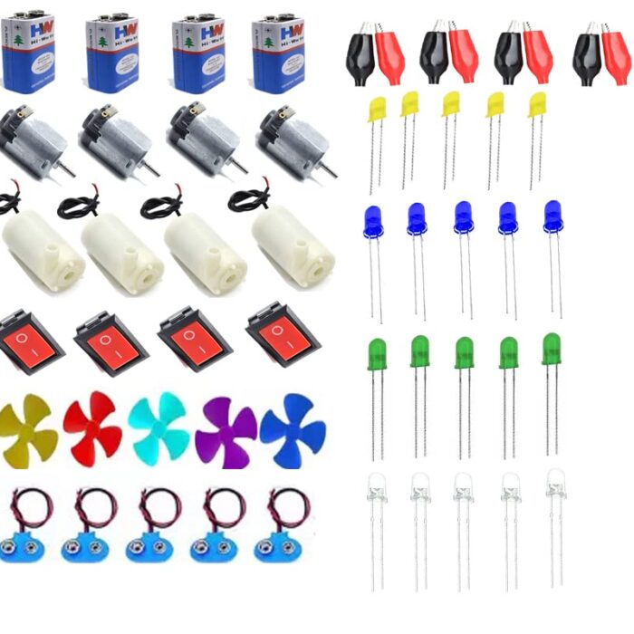 Science Project Kit with Dc Motor Propeller / 9v Battery / Mini Dc Pump/Rocker Switch/4 Wing Fan/Led Light (Multicolor) for Students / Kids Educational Electronic Kit