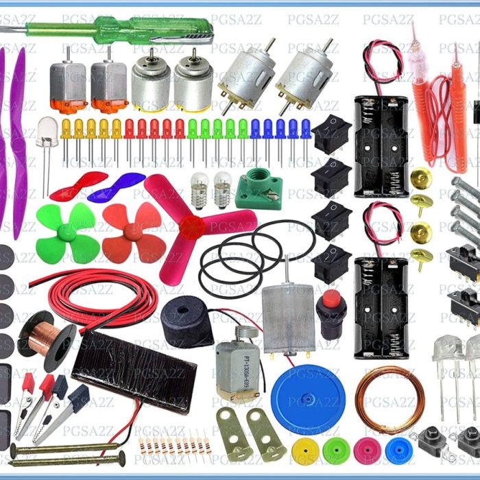 DIY science project kit with mini motors, propellers, LEDs, switches, and electronic components for school experiments